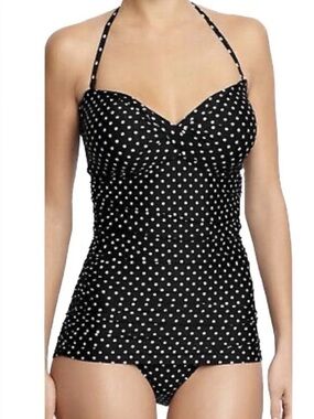 Merona Black White Polka Dot One Piece Swimsuit Skirted Halter Medium M Retro